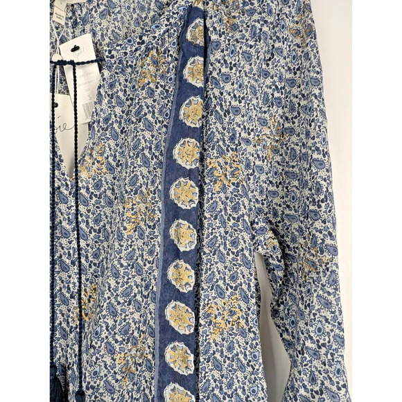 JOIE Almee Blue White Paisley Print Long Sleeve Short Dress Small Tassel Batik - Picture 4 of 8